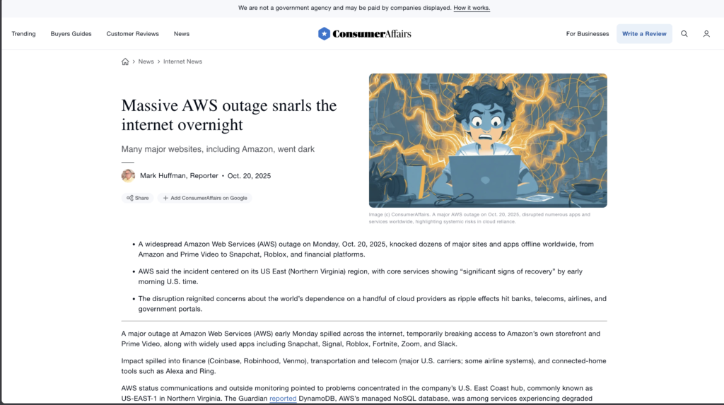 Consumer Affairs: Massive AWS outage snarls the internet overnight
