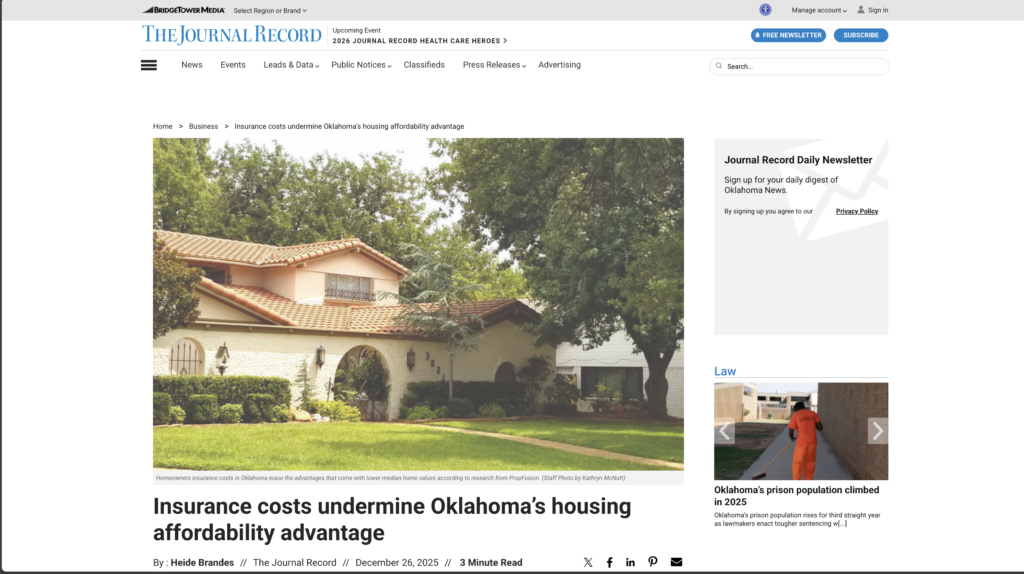Journal Record: Insurance costs undermine Oklahoma’s housing affordability advantage